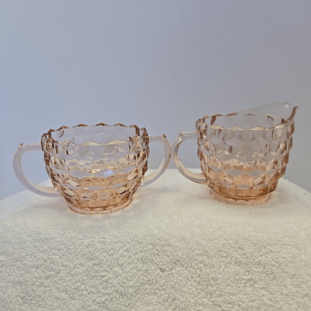Vintage Jeanette Glass Cubist Pink Depression Glass Sugar Bowl & Creamer Set